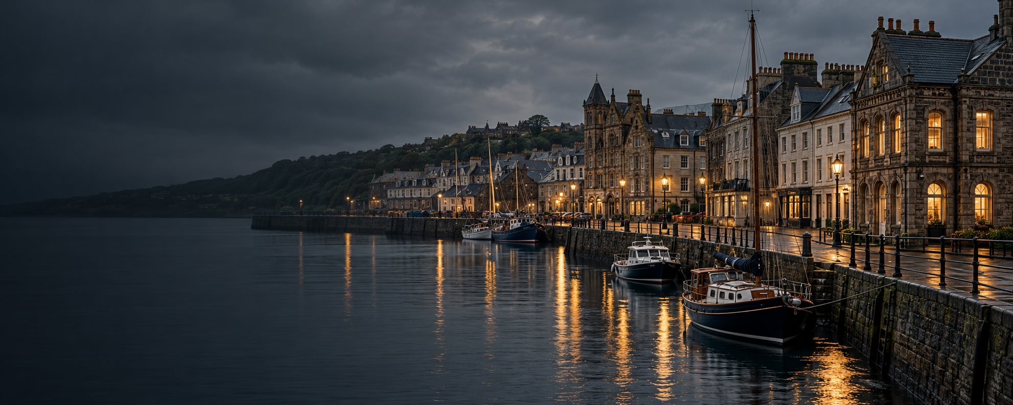 Illustrated Isle of Man-inspired harbour and stone buildings at dusk